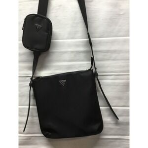 Guess‎ Black Nylon Crossbody Messenger Bag with Detachable Pouch Silver Logo